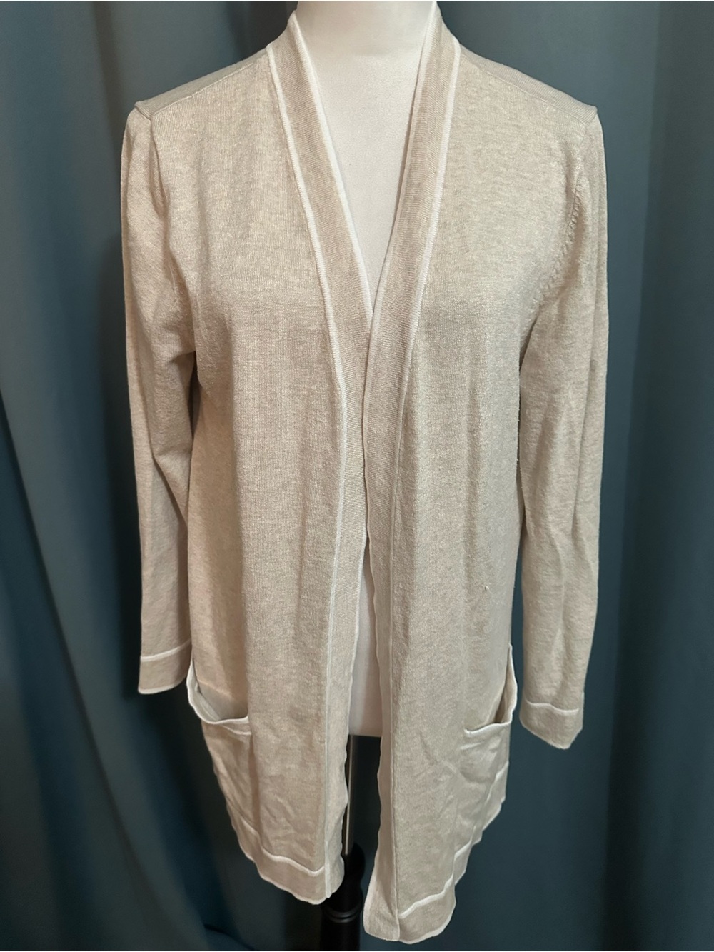 Kathy Ireland Cardigan Womens XL Beige Cream Open Front Long Lightweight Pockets